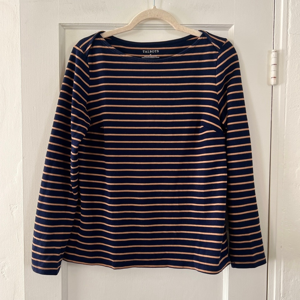 Talbots navy tan sailor stripe boatneck heavy weight cotton long sleeve tee Med